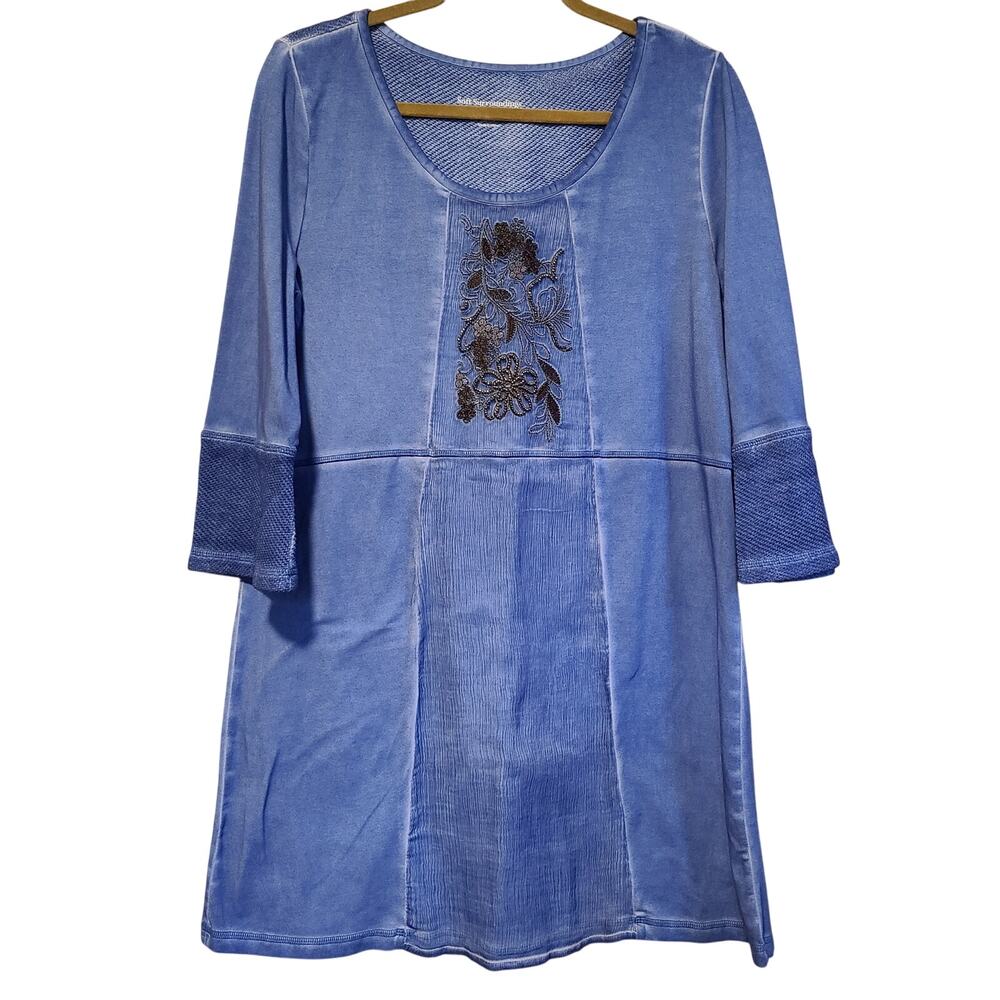 Soft Surroundings Women M Silk Cotton‎ Blue Boho Floral Beaded Embroidered Tunic